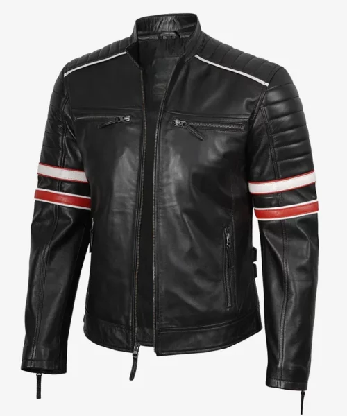 Black Cafe Racer Leather Jacket Red & White Stripes
