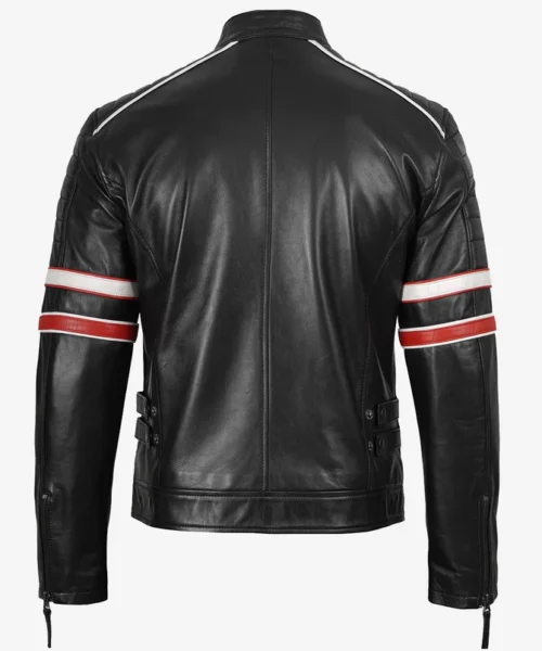 Black Cafe Racer Leather Jacket Red & White Stripes
