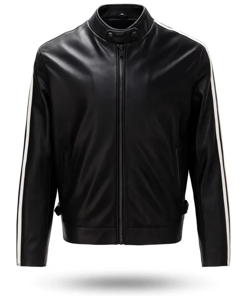 Black Cafe Racer Leather Jacket White Racing Stripes