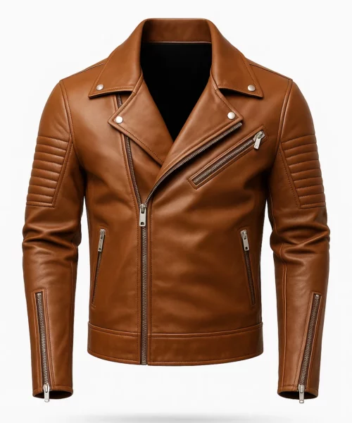 Brown Biker Notch Lapel Style Leather Jacket