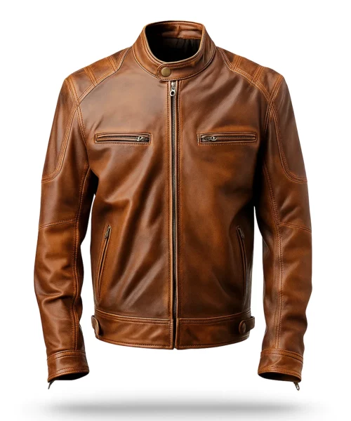 Brown Distressed Cafe Racer Leather Jacket
