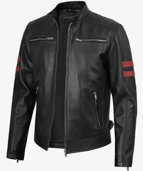 Cafe Racer Leather Maroon Stripes Black Jacket