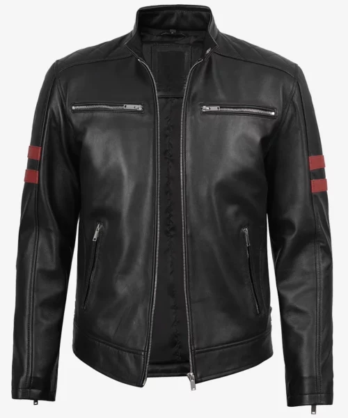 Cafe Racer Leather Maroon Stripes Black Jacket