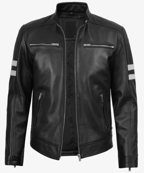 Cafe Racer Leather White Stripes Black Jacket