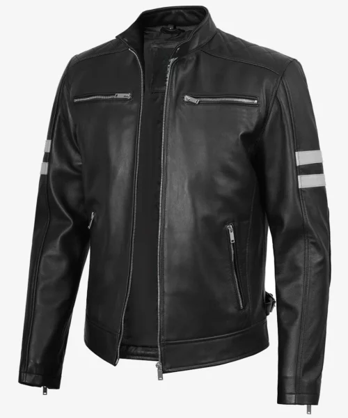 Cafe Racer Leather White Stripes Black Jacket