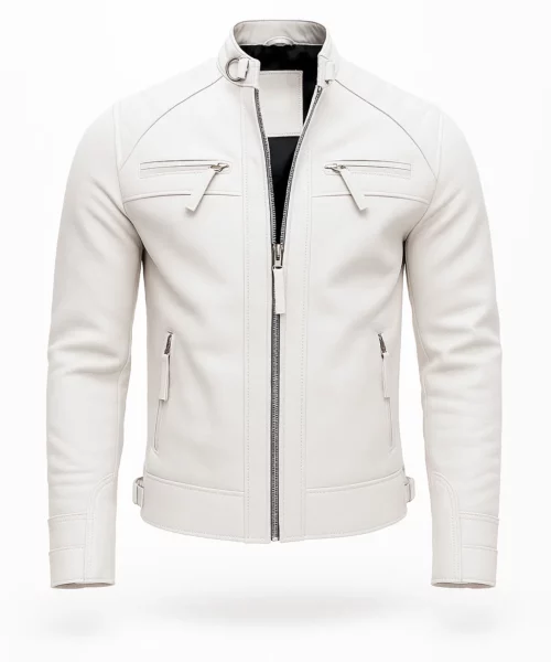 Classic White Leather Cafe Racer Jacket