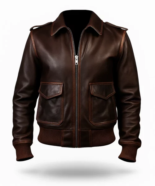 Dark Brown Leather Bomber Jacket