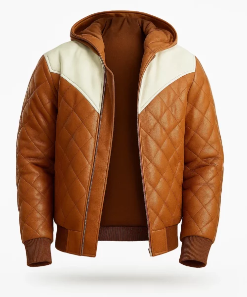 Dawkins Hooded Bomber Puffer Leather Jacket Brown