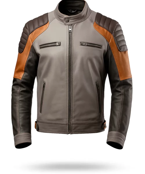 Grey Brown Motorbike Rider Leather Jacket