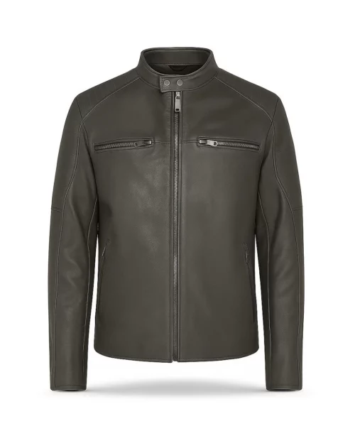 Lance Collarless Leather Moto Jacket Grey