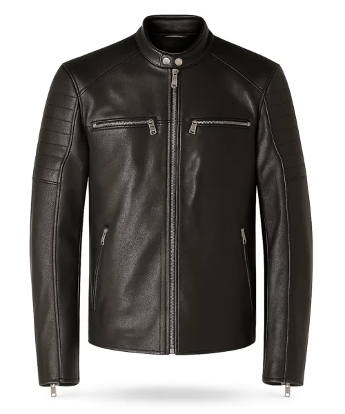 Lance Collarless Leather Moto Jacket Black