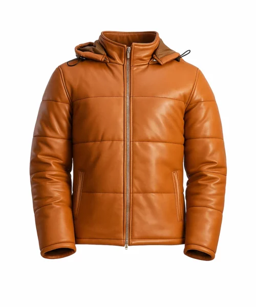 Leopold Hooded Puffer Leather Jacket Brown