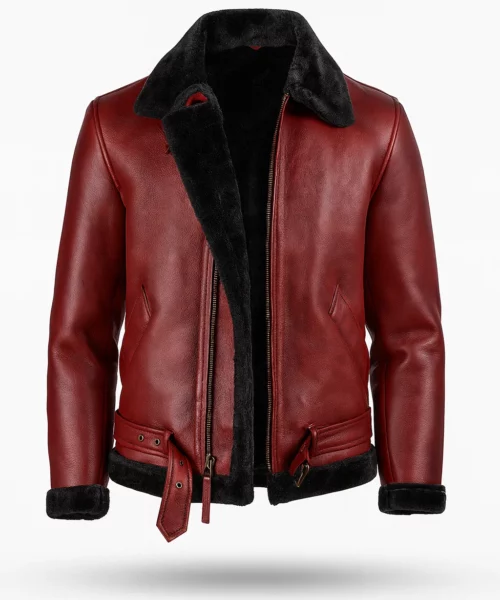 Maroon Leather Shearling Fur Bomber Jacket