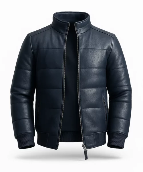 Maven Bomber Puffer Leather Jacket Blue