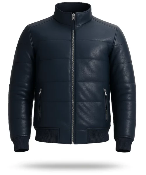 Maven Bomber Puffer Leather Jacket Blue