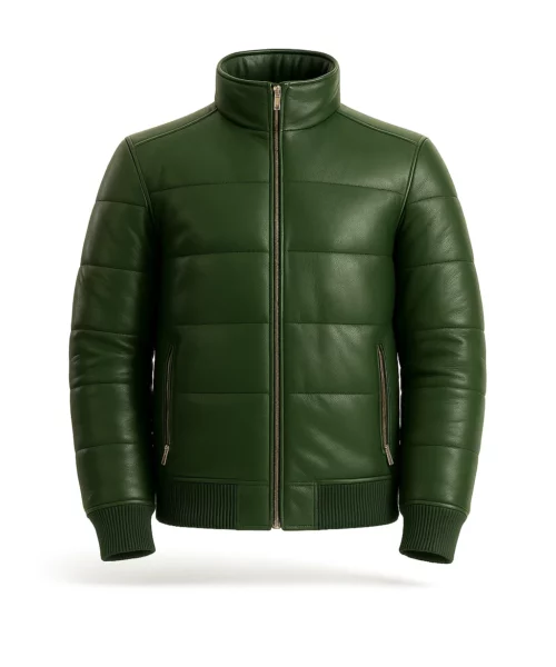 Maven Bomber Puffer Leather Jacket Green