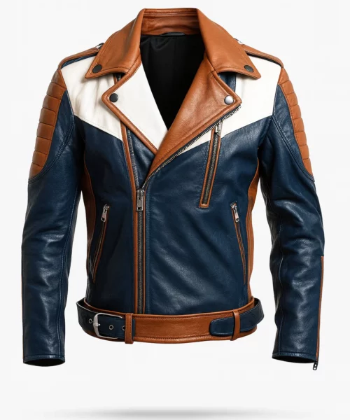 Navy Blue Biker Belted Leather Jacket White Brown