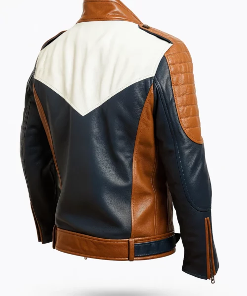 Navy Blue Biker Belted Leather Jacket White Brown