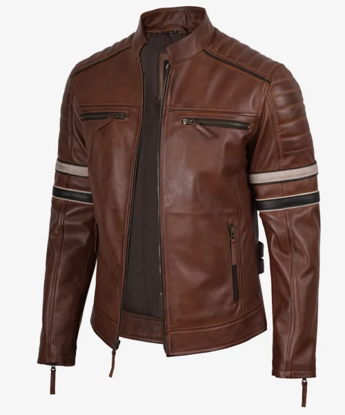 Off White & Black Stripes Leather Jacket Brown