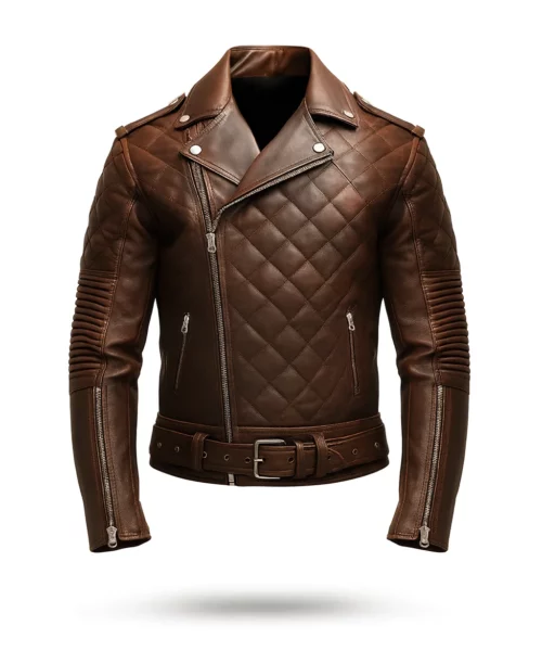 Quilted Biker Leather Jacket Brown