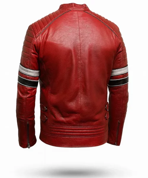 Red Biker Leather Jacket with Striped