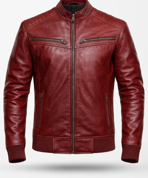 Red Quilted Leather Bomber Jacket