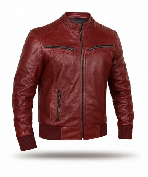 Red Quilted Leather Bomber Jacket