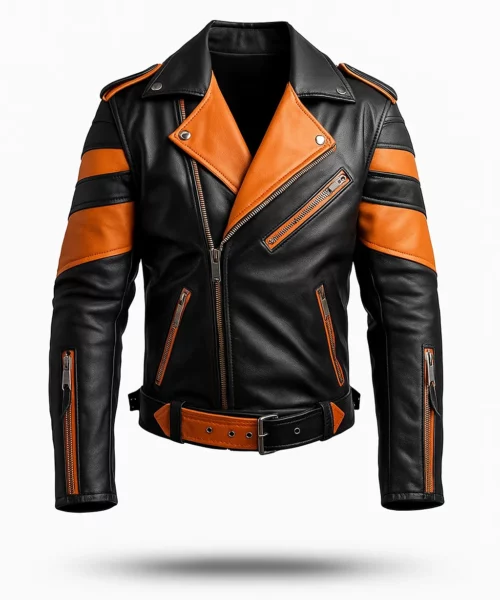 Stylish Orange Black Biker Leather Jacket