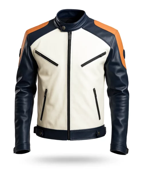 White Blue Cafe Racer Leather Jacket