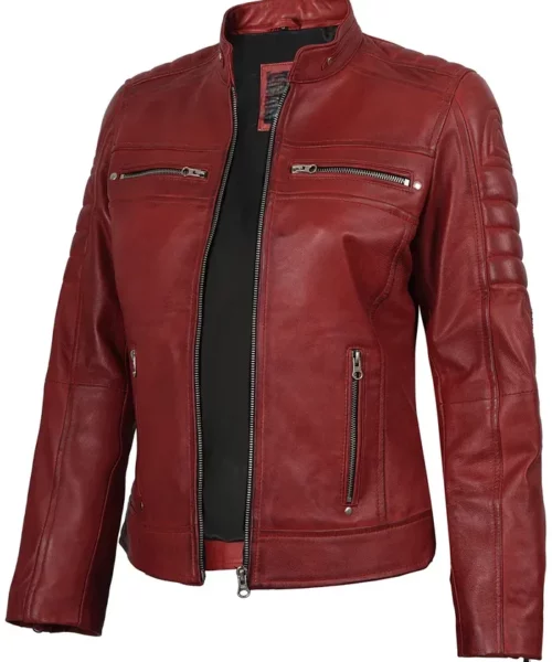 Womens Cafe Racer Austin Red Leather Jacket