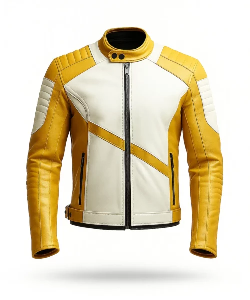Yellow White Quilted Cafe Racer Leather Jacket
