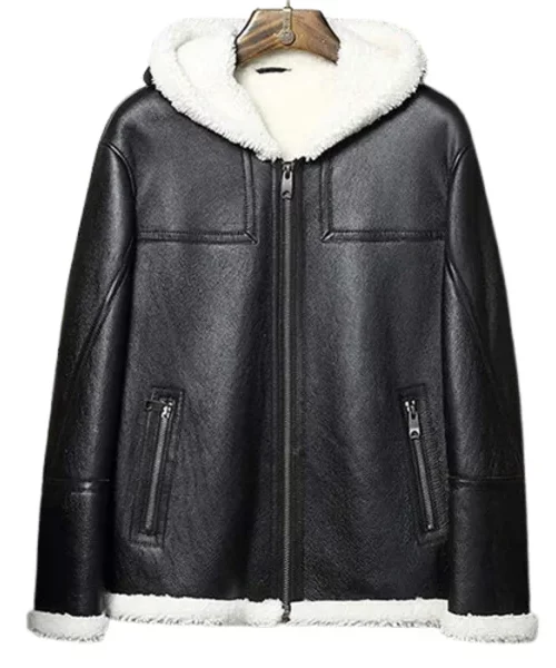 Black Sheepskin White Shearling Hooded Jacket