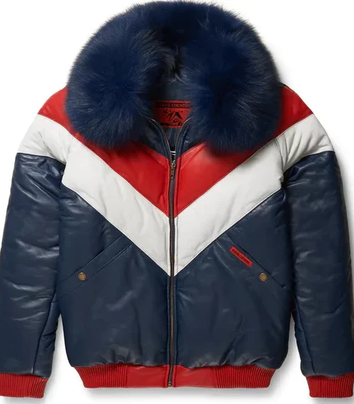 Blue Fur Two Tone V-Bomber Jacket