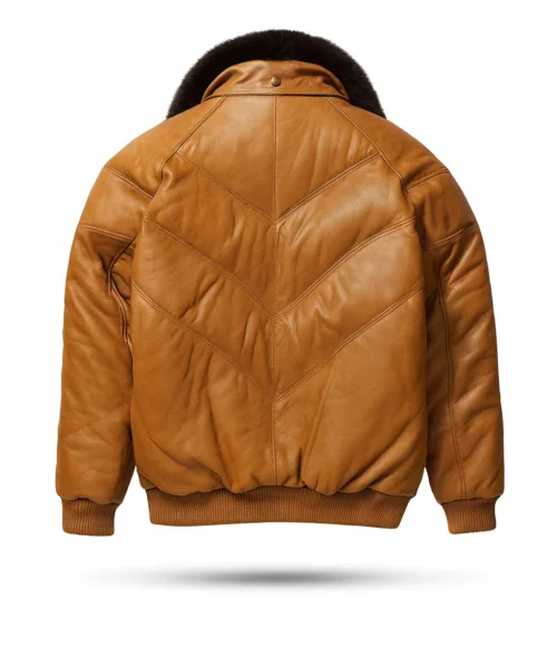 Camel Leather Black Fur V-Bomber Jacket