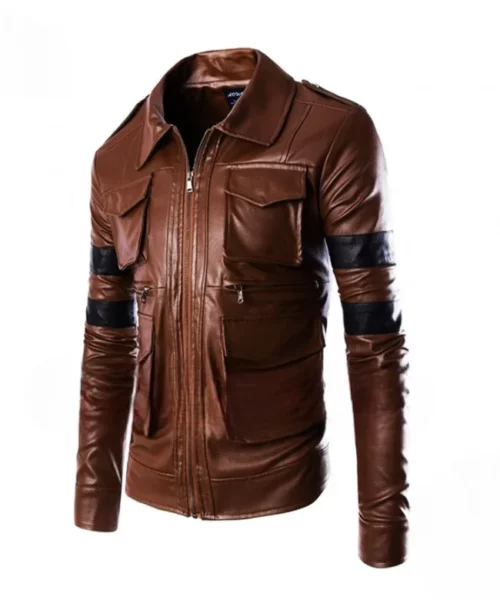 Four Pocket Stripes Brown Leather Jacket