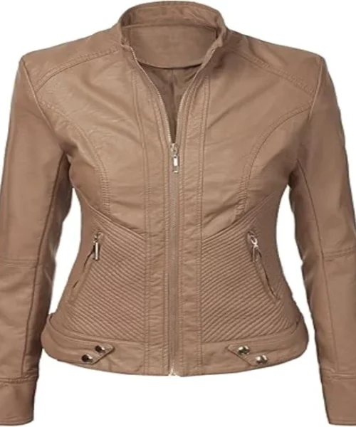 Lock and Love Beige Leather Moto Jacket