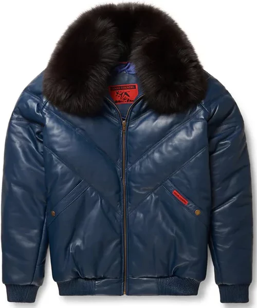 Navy Leather V-Bomber Jacket