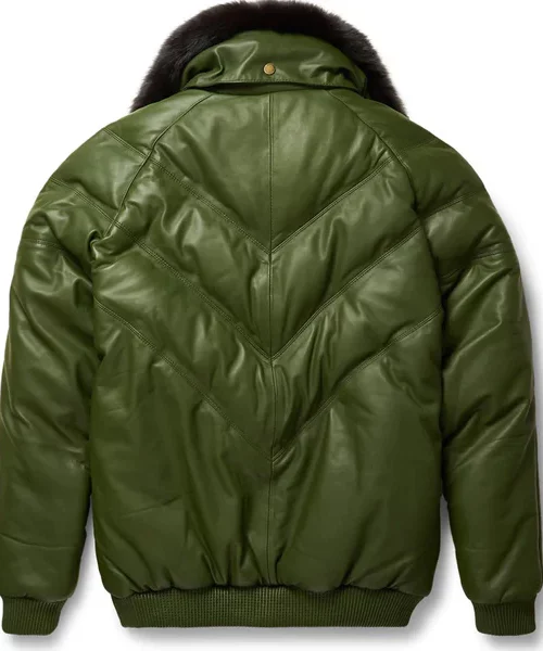 Olive Leather V-Bomber Jacket