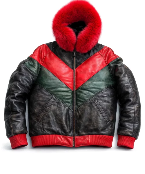 Red Fur Hooded Original V-Bomber Jacket