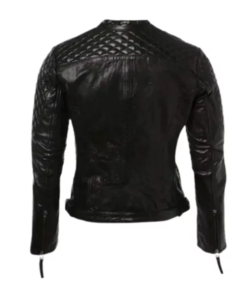 Short Quilted Shoulder Leather Jacket Black