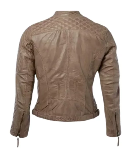 Short Quilted Shoulder Leather Jacket Sand