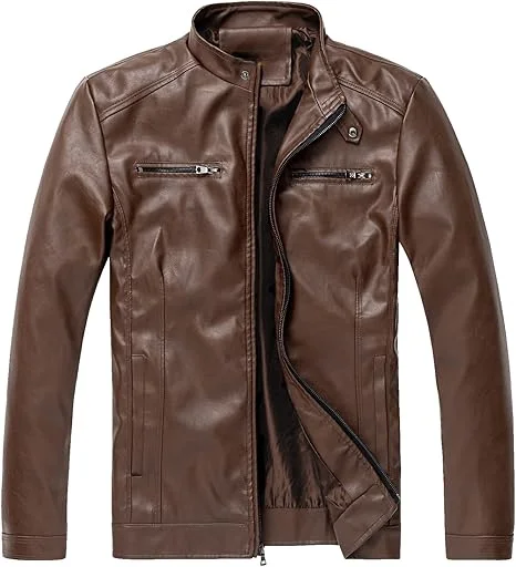 WULFUL Stand Collar Motorcycle Brown Jacket