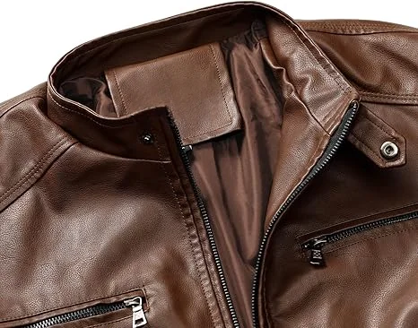 WULFUL Stand Collar Motorcycle Brown Jacket