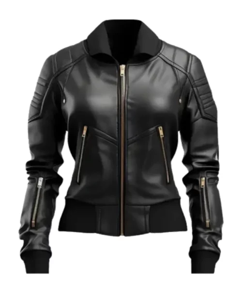 Women’s Black Leather Bomber Jacket