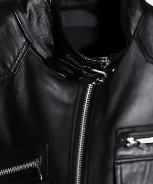 Band Collar Biker Leather Jacket